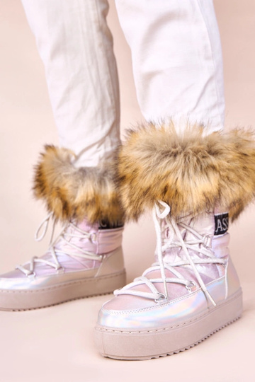 Silberne Schneestiefel mit rosa Farbton, Schnürsenkeln und Fell Alison 2