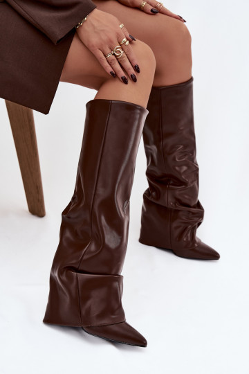 Schokoladenfarbene warme Damen-Overknee-Stiefel mit gewickeltem Schaft auf Absatz Elivira 2