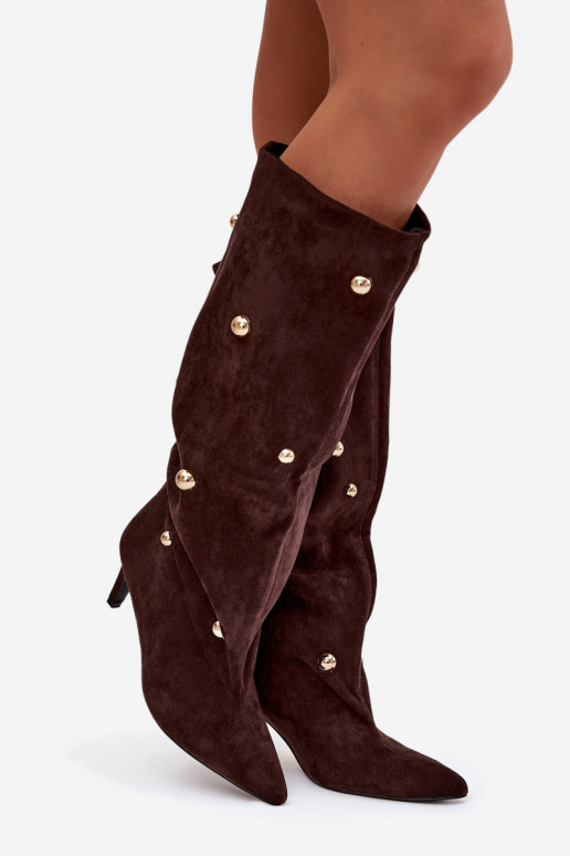 Schokoladenfarbene Slipper-Stil Damen-Overknee-Stiefel mit dünnen Absätzen und goldenen Verzierungen Thaliane