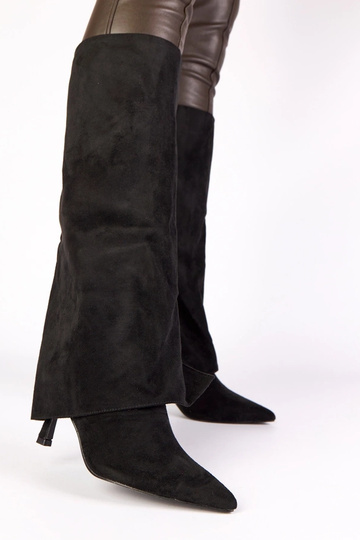 Schwarze Overknee-Stiefel auf hohem Absatz aus Kunstvelours Beria