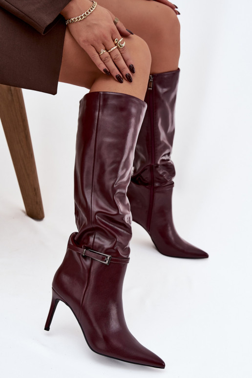 Damen Overknee-Stiefel mit dünnen Absätzen und Riemchen in Bordeaux Lisanne