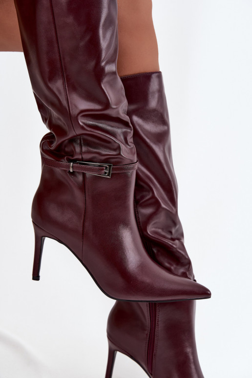 Damen Overknee-Stiefel mit dünnen Absätzen und Riemchen in Bordeaux Lisanne