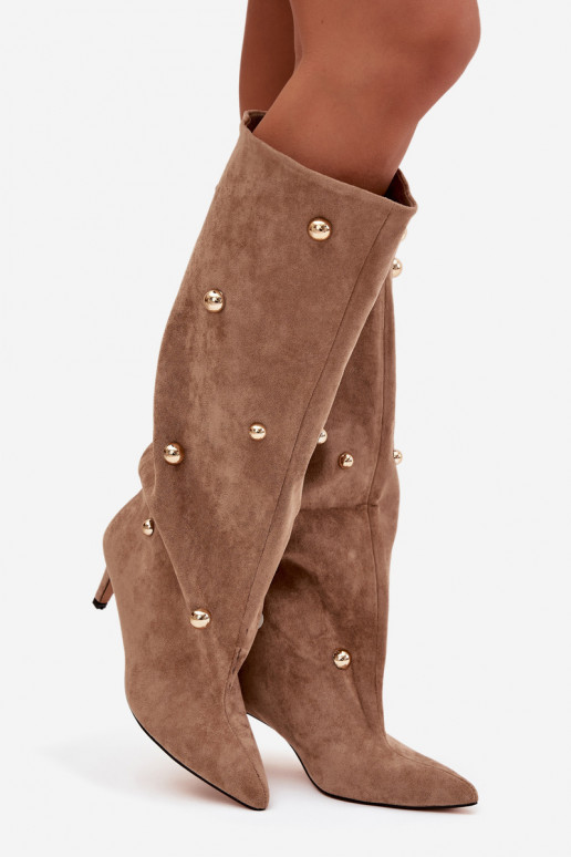 Sandfarbene Slipper-Stil Damen-Overknee-Stiefel mit dünnen Absätzen und goldenen Verzierungen Thaliane