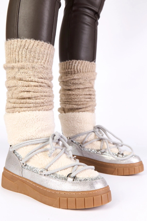 Silberne warme Schneestiefel mit Fell...