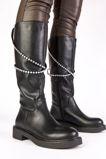 Schwarze Stiefel mit Steinchen dekorativem Riemen Roisin
