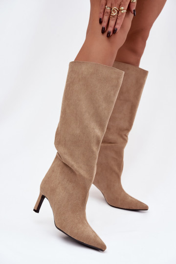 Damenstiefel aus Kunstwildleder, Schlupfmodell mit dünnen Absätzen, sandfarben Phelin 2