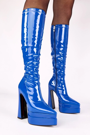 Blaue Stiefel mit Absatz, lackiert, mit Plateau Jemina