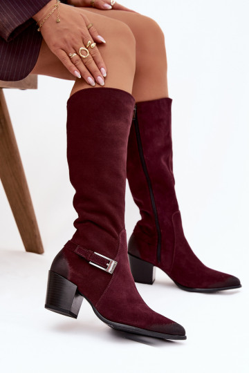 Lederne Veloursstiefel mit Absatz und Schnallen gefüttert Zazoo 70156 in bordeauxfarbener Farbe