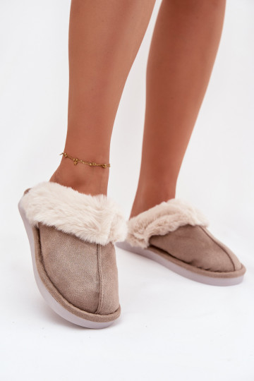 Chaki Damen-Hausschuhe mit Fell Carisse