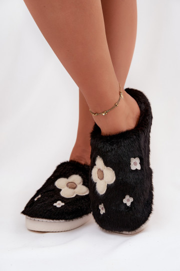 Schwarze Selinne Hausschuhe mit Fell und Blumenmotiven 2