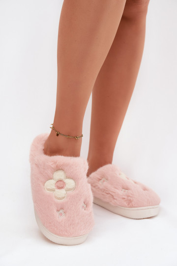 Rosa Selinne Hausschuhe mit Fell und Blumenmotiven