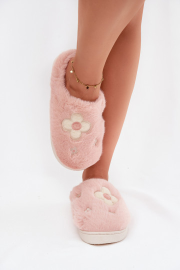 Rosa Selinne Hausschuhe mit Fell und Blumenmotiven 2