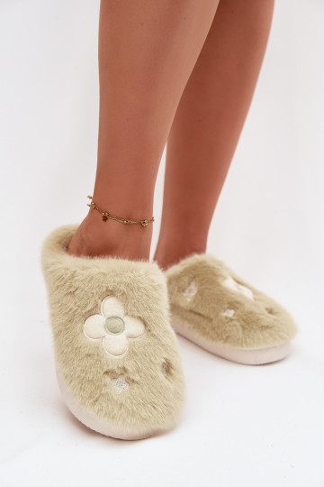 Pistazienfarbene Selinne Hausschuhe mit Fell und Blumenmotiven 2