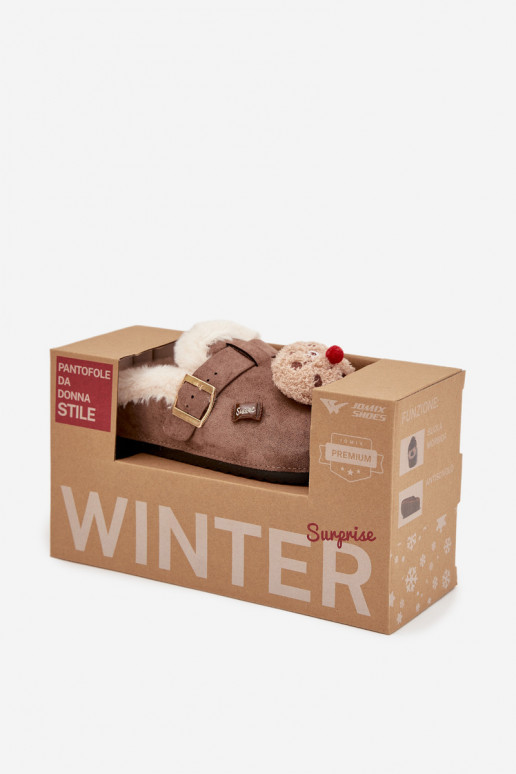 Hausschuhe Feminin mit schönen Details I mit Schnallen sich Zuarm laufen mit Fell innen braune Farbe Thalora