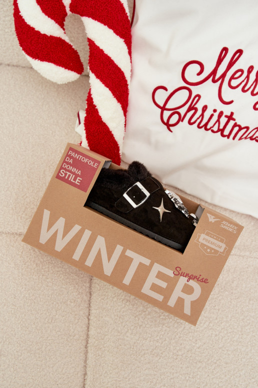 Hausschuhe Feminin mit schönen Details I mit Schnallen sich Zuarm laufen mit Fell innen schZuarze Farbe Thalora