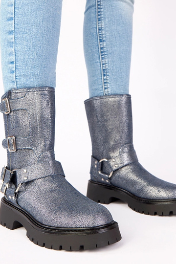 Blaue Stiefeletten mit Schnallen und silbernem Glanz „Cara"
