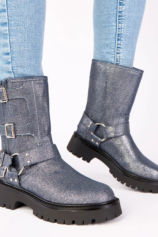 Blaue Stiefeletten mit Schnallen und...