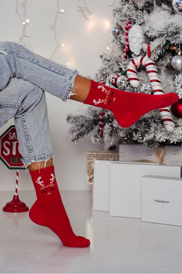 Rote Damensocken „Christmas" mit Rentieren