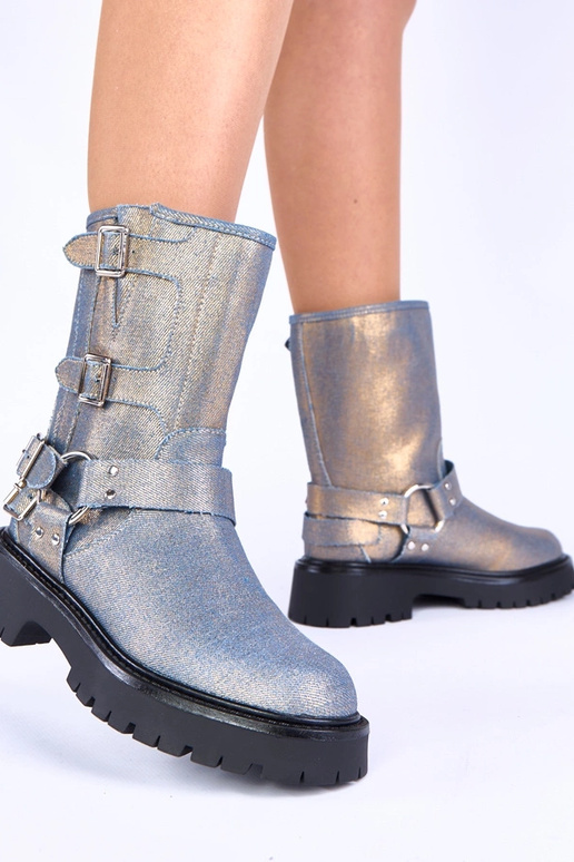 Blaue Stiefel mit goldfarbenen...