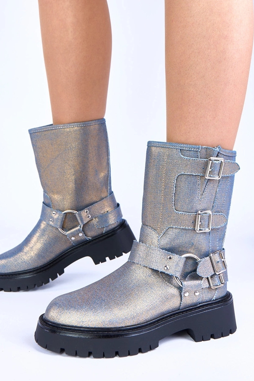 Blaue Stiefel mit goldfarbenen...