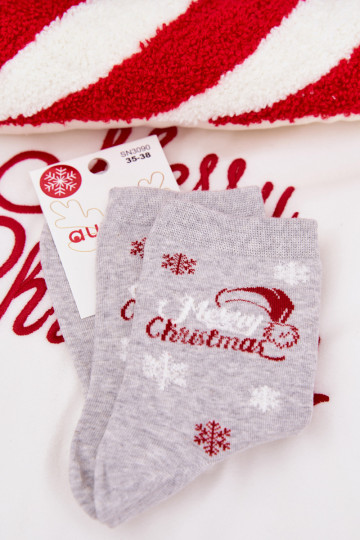Damen Weihnachtsstrümpfe mit Schneeflocken und Aufschrift in Grau 2