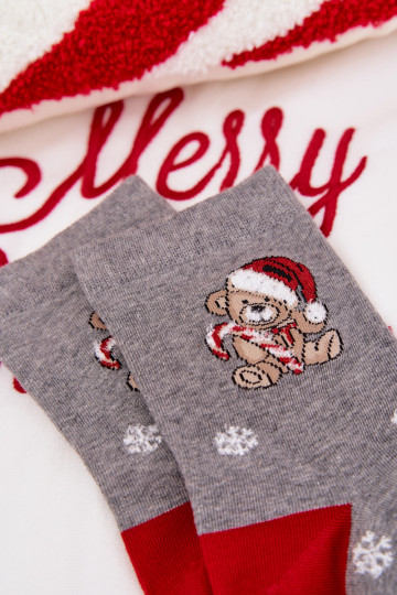 Damen Weihnachtsstrümpfe mit Schneeflocken und Bären sowie Weihnachtsmann in Grau