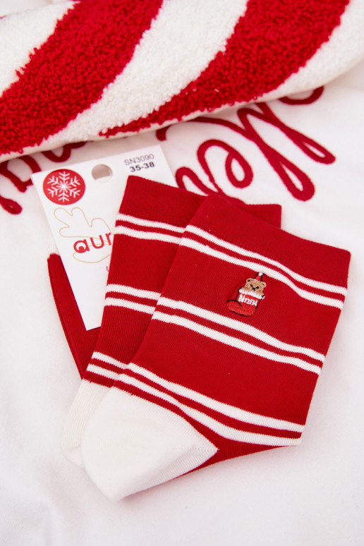 Socken Feminin INeihnachten Streifen I Teddybären rote Farbe