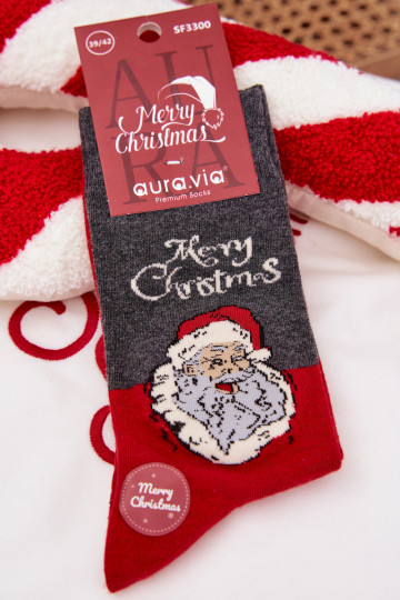 Herren Weihnachtsstrümpfe mit Aufschrift und lachendem Weihnachtsmann in Grau