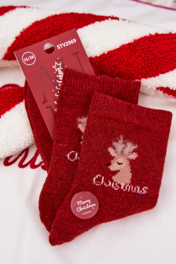 Damen Weihnachtsstrümpfe mit Rentieren, aus Wolle, rot 2