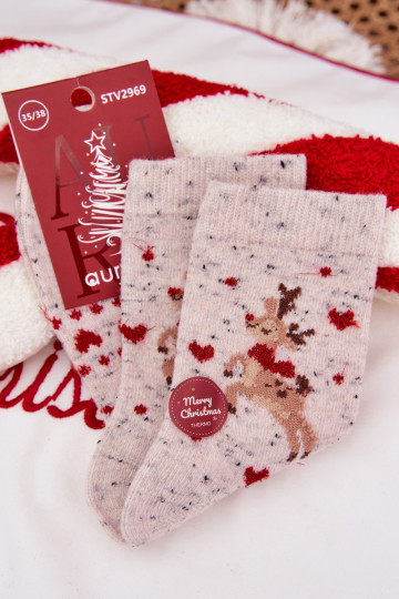 Damen Weihnachtsstrümpfe mit Rentieren und Herzen, aus Wolle, grau 2