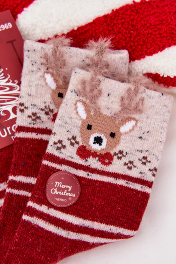 Damen Weihnachtsstrümpfe mit Rentieren und Streifen, aus Wolle, rot