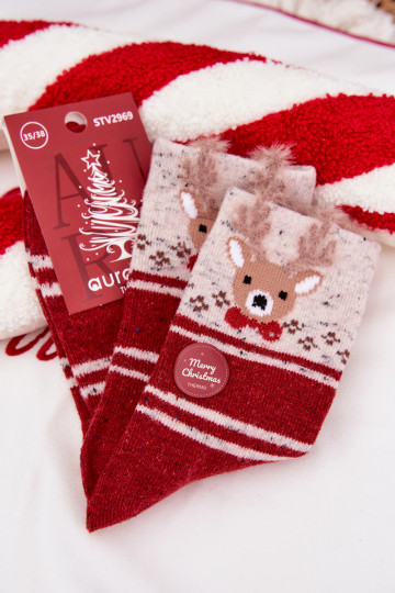 Damen Weihnachtsstrümpfe mit Rentieren und Streifen, aus Wolle, rot 2