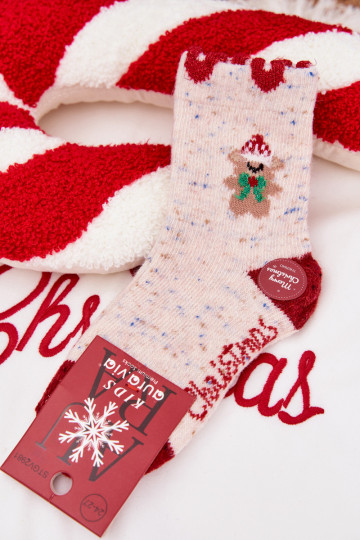 Kindliche Weihnachtsstrümpfe mit Bärchen und Herzen, aus Alpakawolle, sandfarben 2