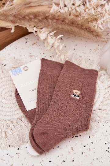 Warme Damen-Wollsocken mit Bärchen, braun 2