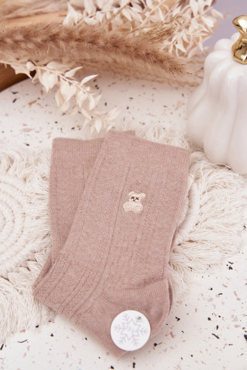 Warme Damen-Wollsocken mit Bärchen, sandfarben