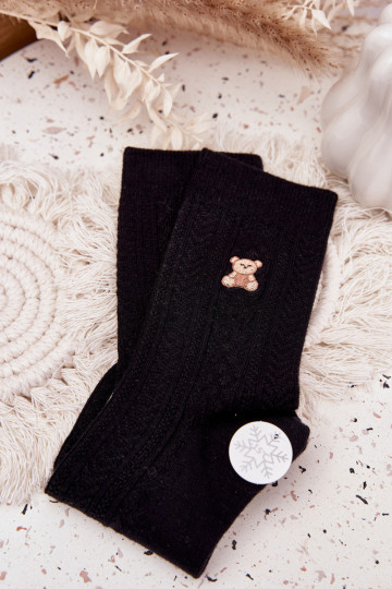 Warme Damen-Wollsocken mit Bärchen, schwarz