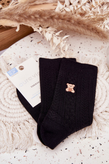 Warme Damen-Wollsocken mit Bärchen, schwarz 2