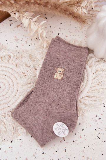 Warme Damen-Wollsocken mit Bärchen, sandfarben