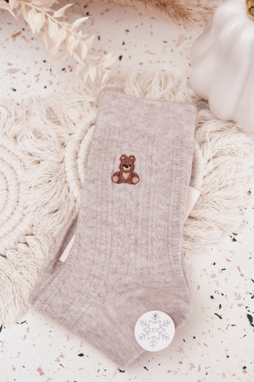 Warme Damen-Wollsocken mit Bärchen, grau