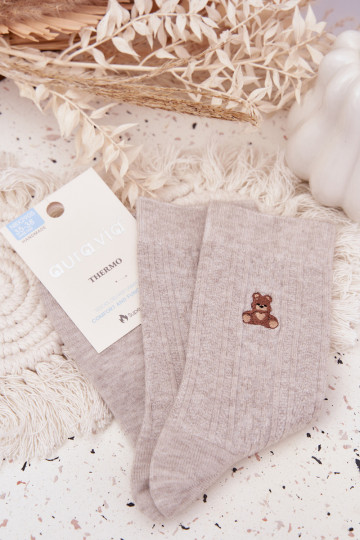 Warme Damen-Wollsocken mit Bärchen, grau 2