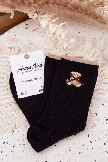 Gestreifte Baumwollsocken mit Bär in schwarzer Farbe 2