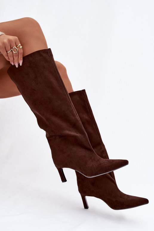 Damenstiefel aus Kunstwildleder, Schlupfmodell mit dünnen Absätzen, schokoladenfarben Phelin