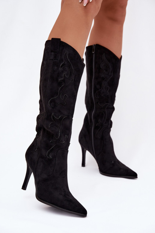 Damenstiefel mit dünnen Absätzen CoZuboy-Stilaus Öko-INildlederu schZuarze Farbe Belonia