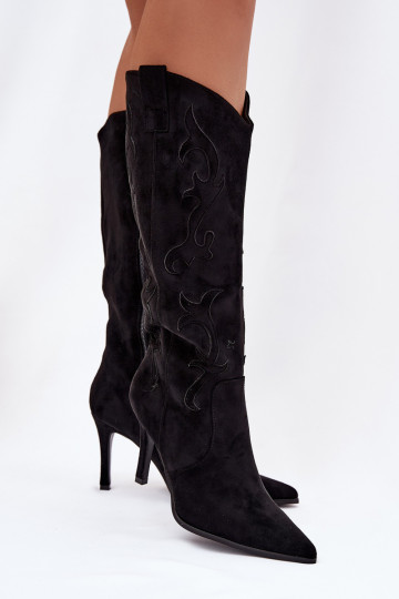 Damen schwarze Cowboy-Stiefel mit dünnen Absätzen aus Kunstwildleder Belonia 2