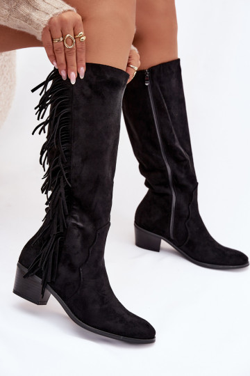 Schwarze warme Cowboy-Stiefel für Damen mit Absätzen und Fransen Firlina