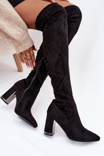 Schwarze Damen Overknee-Stiefel mit Absätzen aus Kunstwildleder Thamine