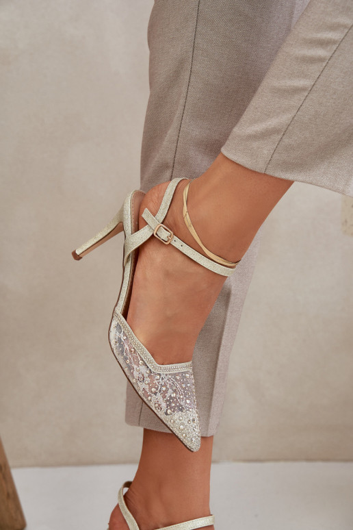 Dekorierte High Heels mit offenem Absatz in Goldfarbe Nadra