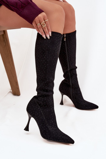 Damen Overknees mit dünnen Absätzen und Dekoration D&A JC52-883 schwarz