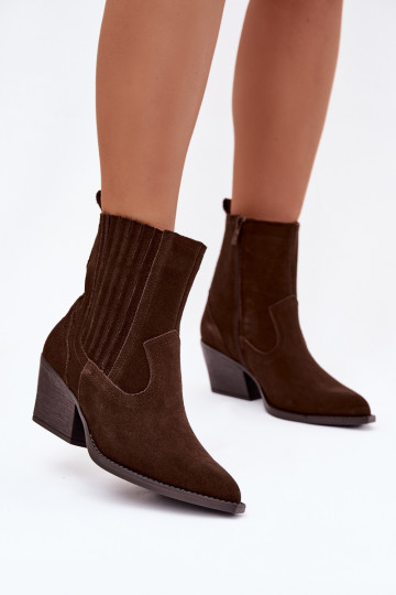 Schokoladenfarbene Wildleder Damen Cowboy-Stiefel mit Absatz, gefüttert Dylira 2