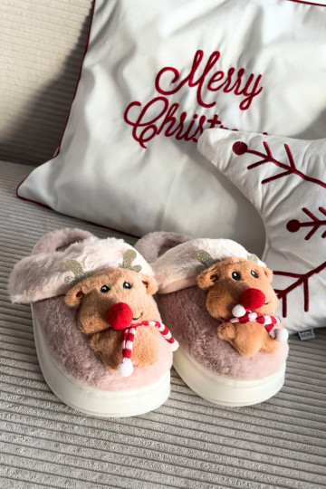 Ilianne sandfarbene Damenhausschuhe mit Reh und Fell für Weihnachten